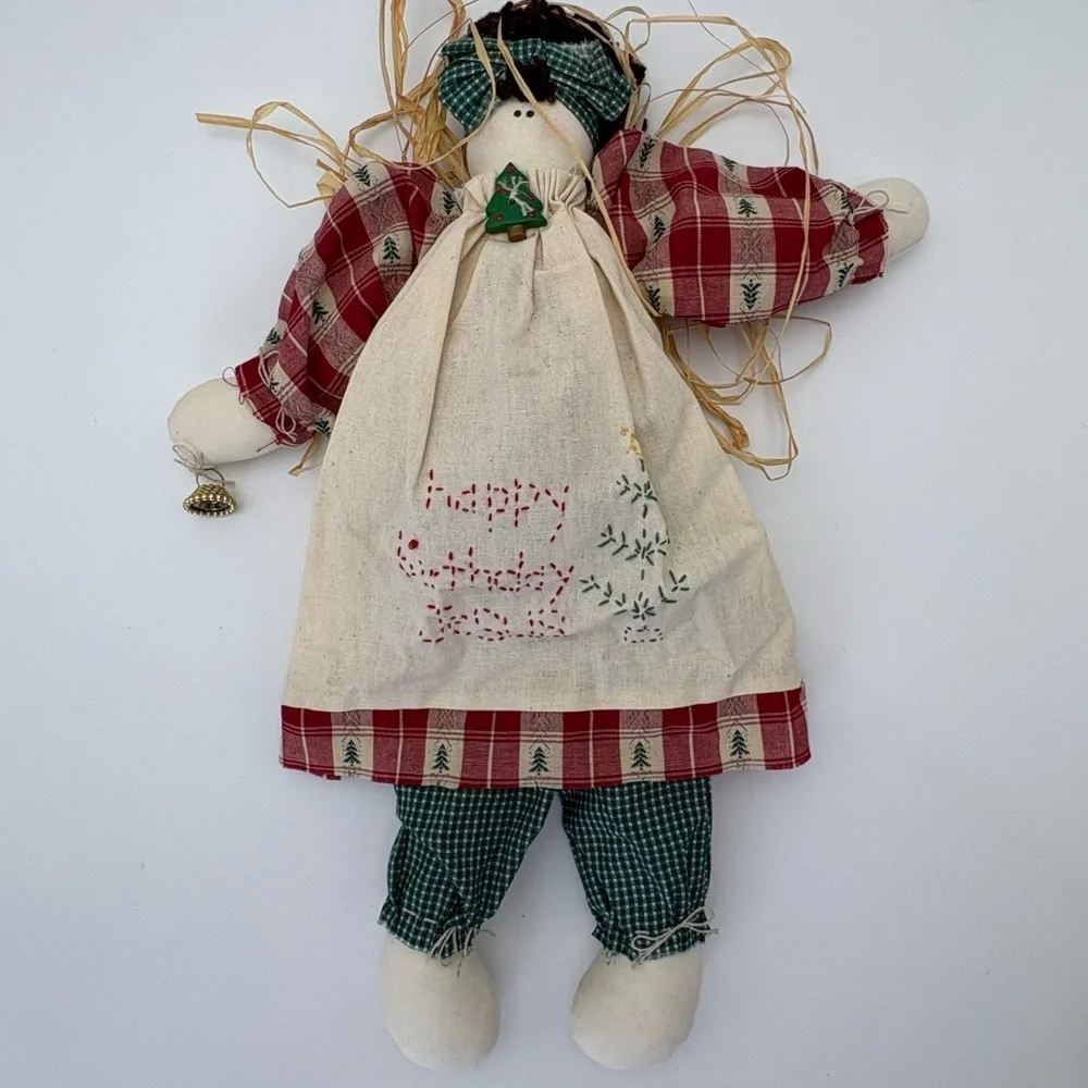 Festive Vintage Handmade Plaid Christmas Doll with “Happy Birthday Jesus”